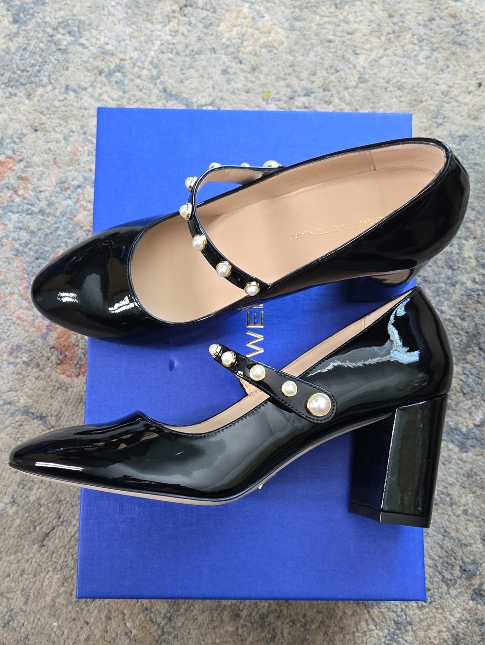 Stuart Weitzman Black Patent Pearl-Embellished Mary Jane Heels